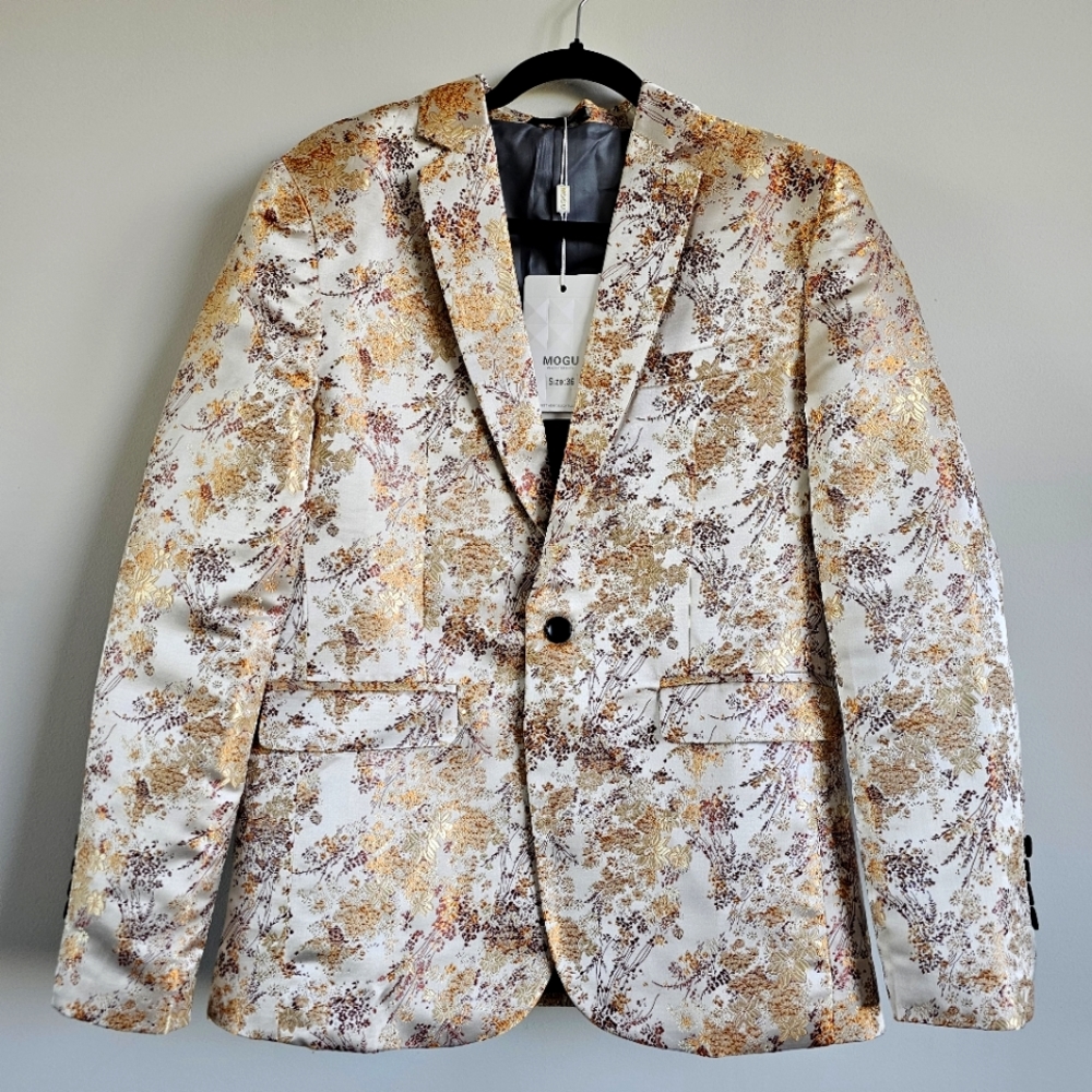 NWT Mogu Men's Blazer, Size 36, Yellow and Red Floral Pattern